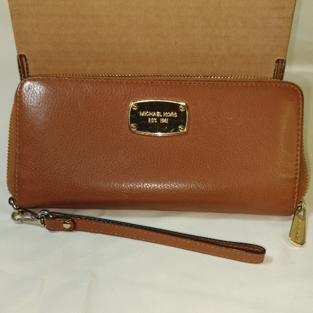 Michael Kors Tan Leather Wristlet with Gold Accents